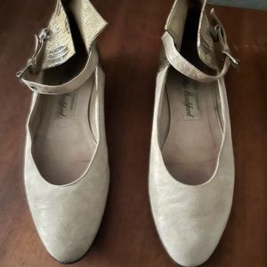 Italian Vintage Tan suede flats with snakeskin ankle straps.